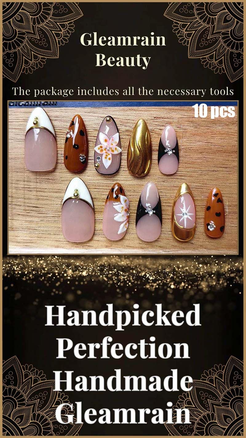 Gleamrain Almond Shape Handmade Nails – Luxury M Size, 10Pcs, P06 Floral Design