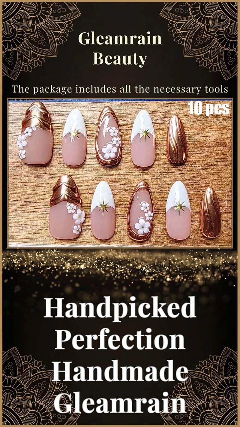 Gleamrain Almond Shape Press-On Nails – 10 Pcs, Medium (M) | Floral Design