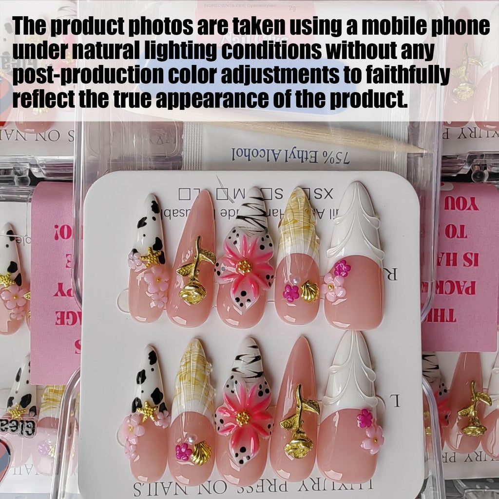 Gleamrain Nude Handmade Press-On Nails – Almond Long, French Tips, Shell & 3D Flower