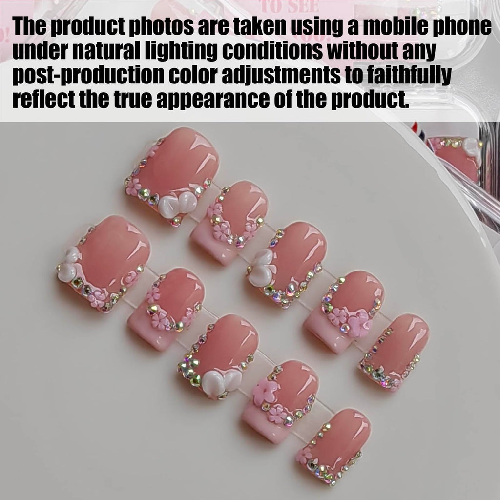 Gleamrain Handmade Short Press On Nails Square – Nude Base with Flower Rhinestones (10pcs, M)