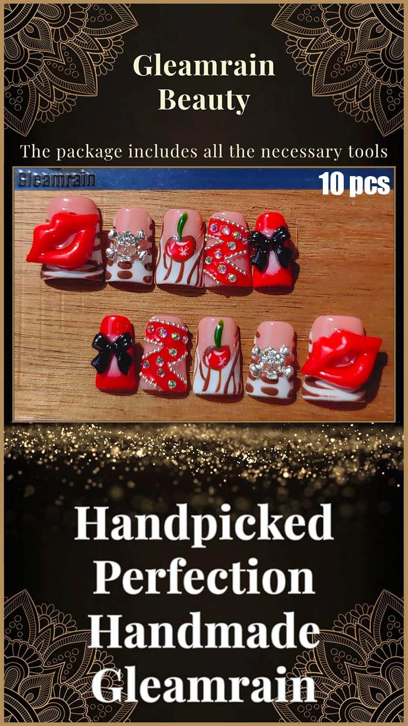 Gleamrain Duck-Shape Press-On Nails – Medium, Rhinestone & Bow Design (10 pcs)