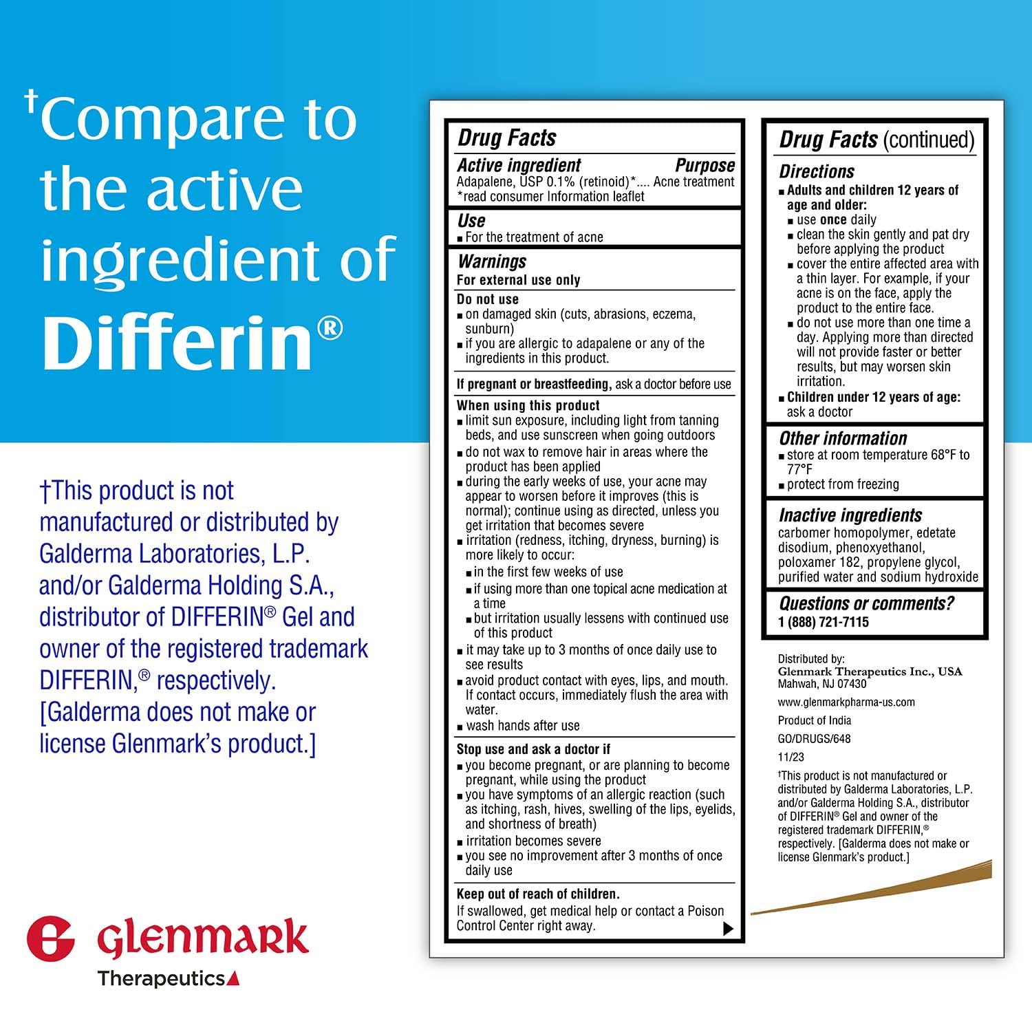 Glenmark Therapeutics Adapalene Gel 0.1% – Paraben-Free OTC Acne Treatment, 45g