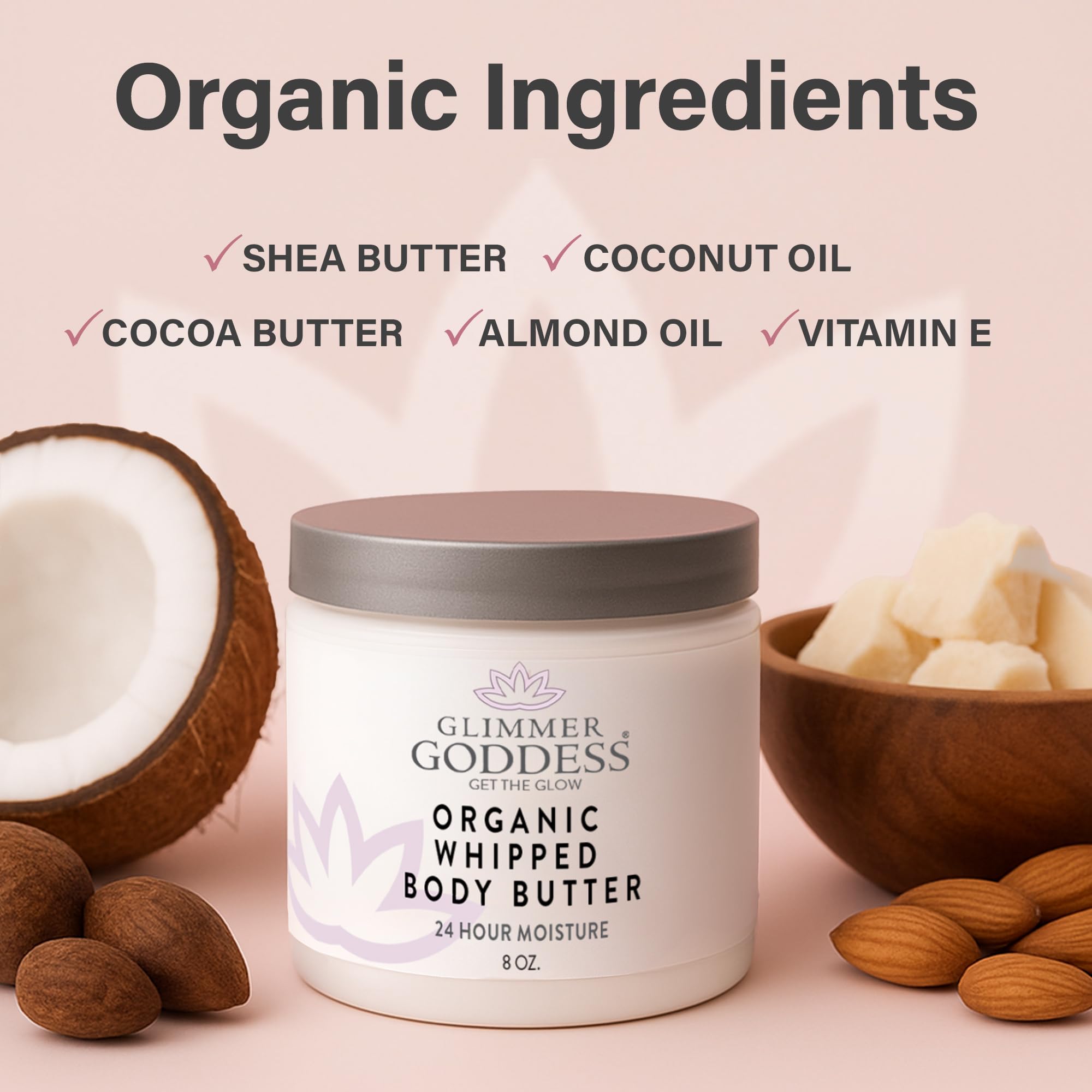 Glimmer Goddess Organic Whipped Body Butter — Hydrating Shea & Cocoa Butter with Almond & Coconut Oil, Jasmine, 8oz