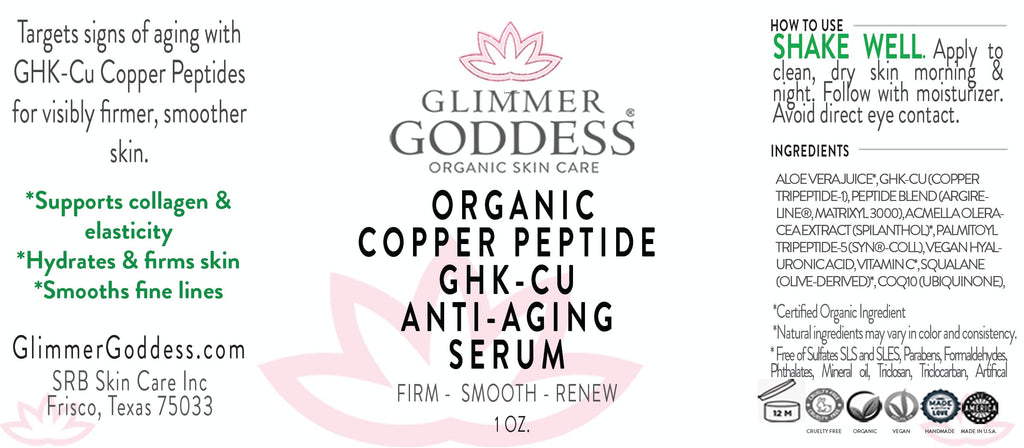 Glimmer Goddess Organic Copper Peptide Serum – GHK-Cu, Argireline, Hyaluronic Acid