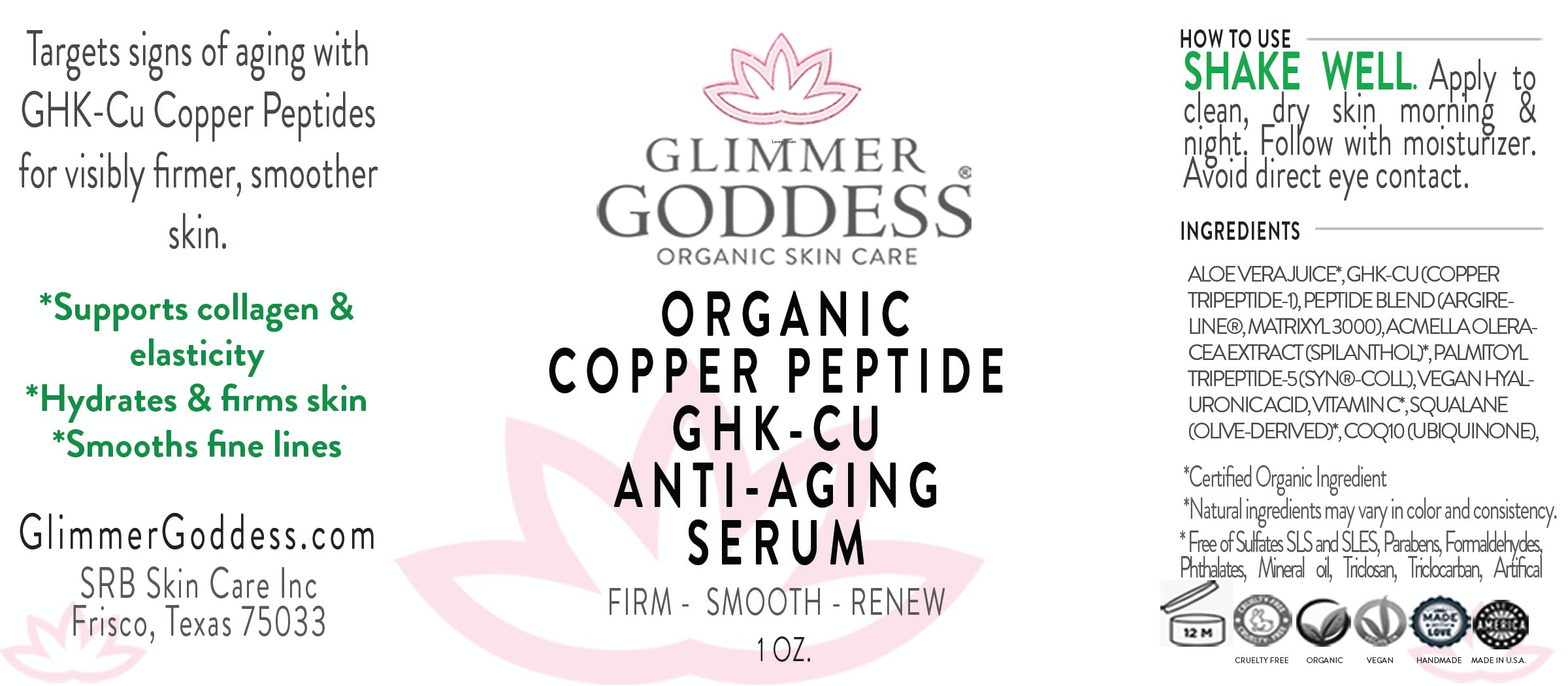 Glimmer Goddess Organic Copper Peptide Serum – GHK-Cu, Argireline, Hyaluronic Acid