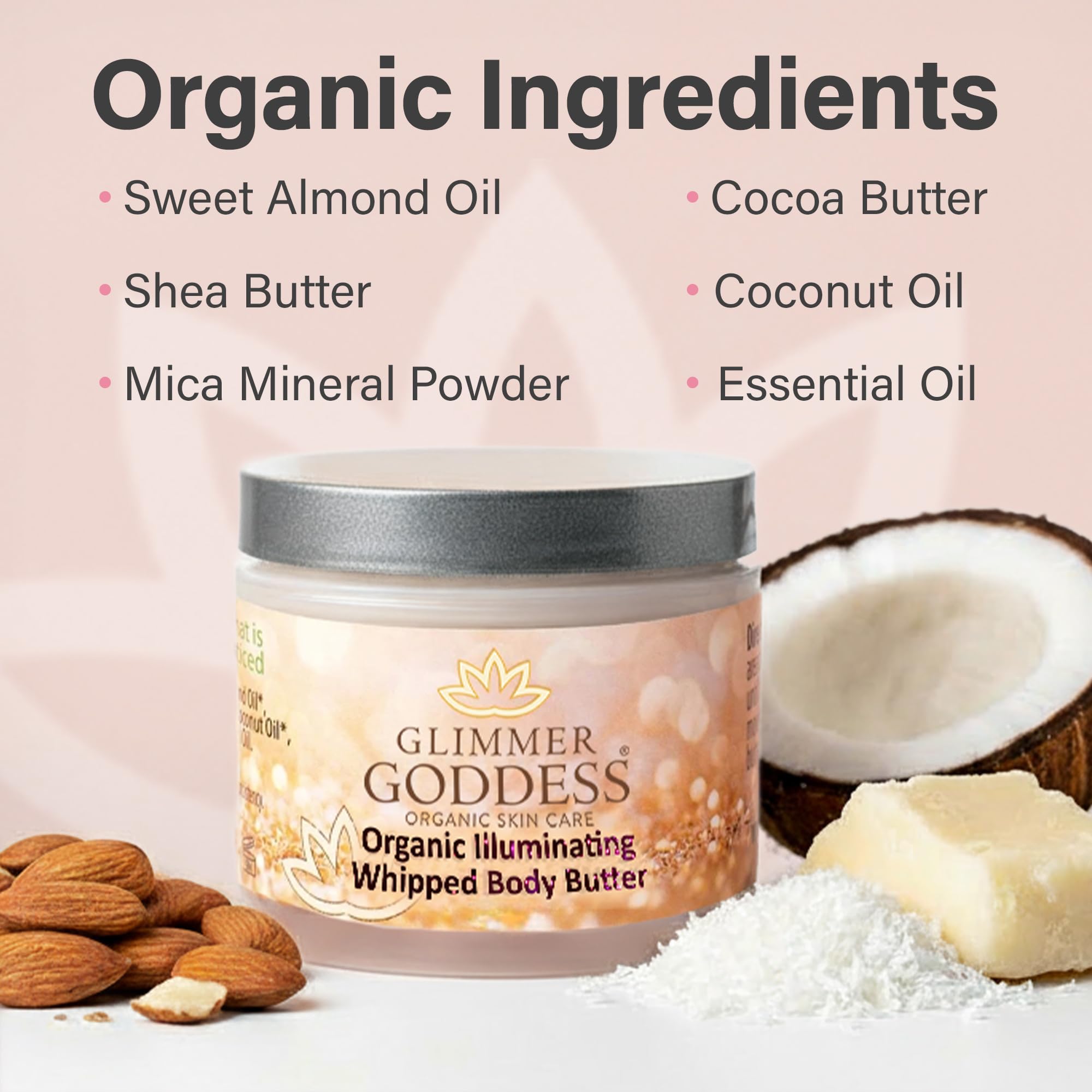 Glimmer Goddess Shimmer Body Butter – Organic Whipped Shea, Hydration & Glow | Rose Gold Sexy, 4 oz