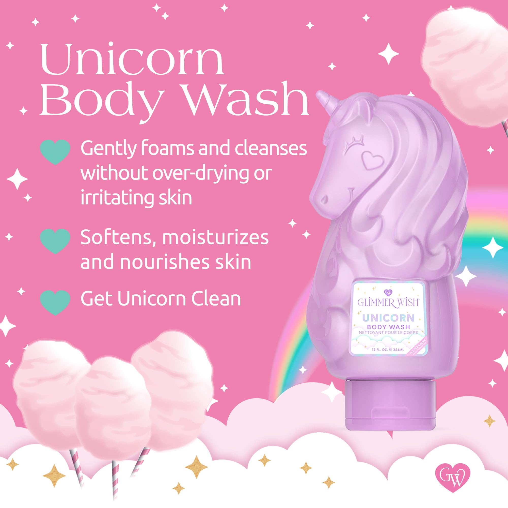 Glimmer Wish Unicorn Kids Body Wash – Gentle, Sulfate-Free Cleanser with Vanilla Cotton Candy Scent | 12 fl oz