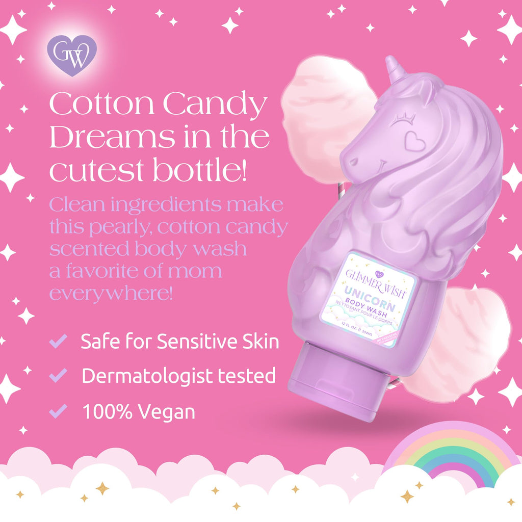 Glimmer Wish Unicorn Kids Body Wash – Gentle, Sulfate-Free Cleanser with Vanilla Cotton Candy Scent | 12 fl oz
