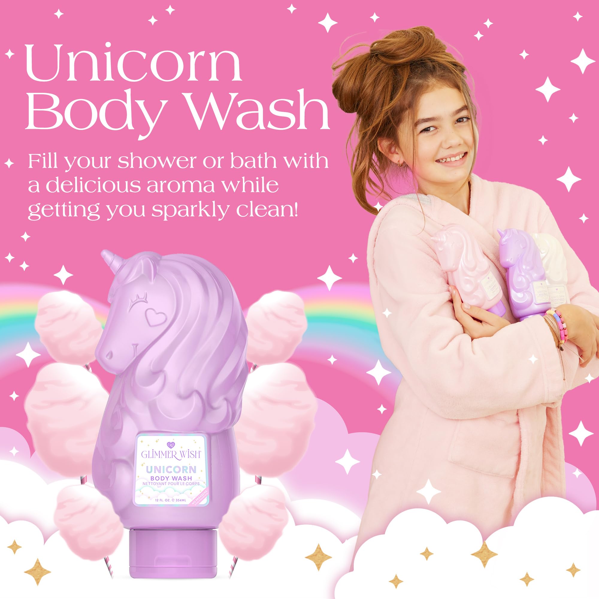 Glimmer Wish Unicorn Kids Body Wash – Gentle, Sulfate-Free Cleanser with Vanilla Cotton Candy Scent | 12 fl oz