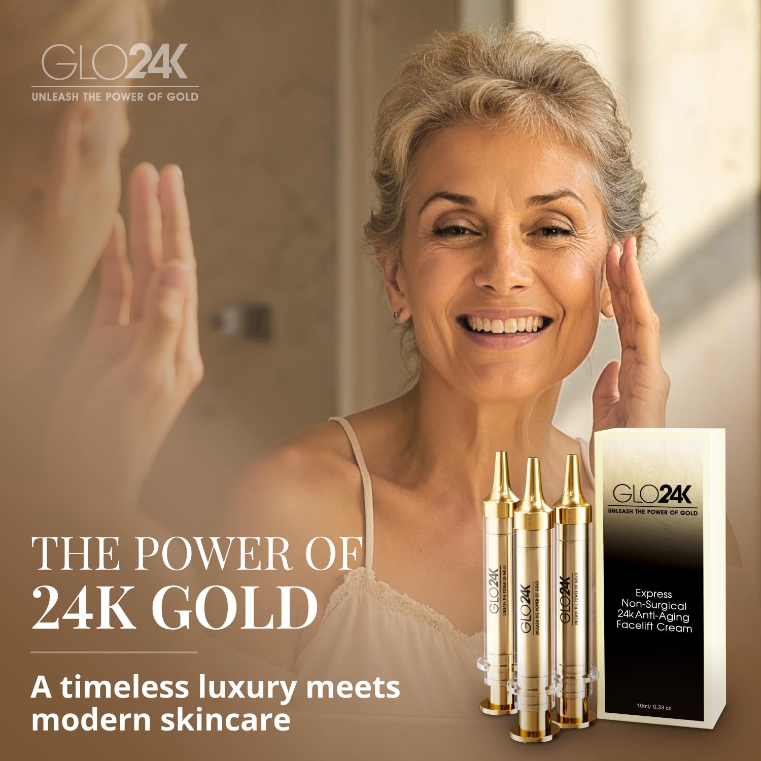 GLO24K Instant Facelift Cream – 24k Gold, Hyaluronic Acid, Peptides & Vitamins | Value Pack of 3