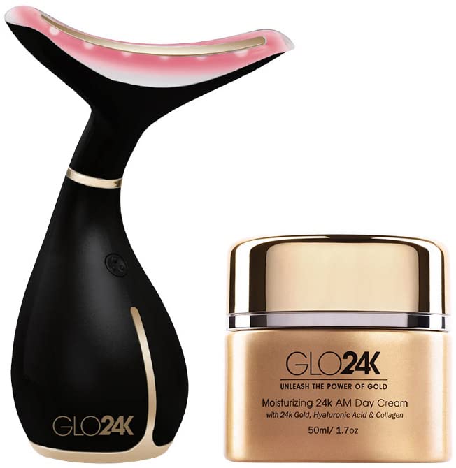 GLO24K Neck & Face LED Beauty Massager + 24k Moisturizing Day Cream | At-Home Spa Duo