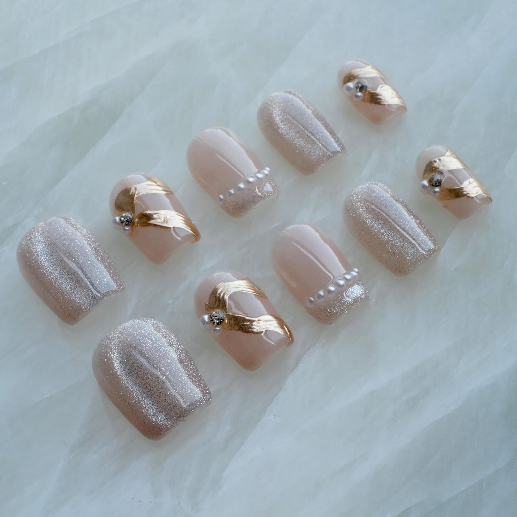 GLORS Purely Handmade Press On Nails – Elegant French Pink Pearl Gold Short Square 10 Pieces (SS)