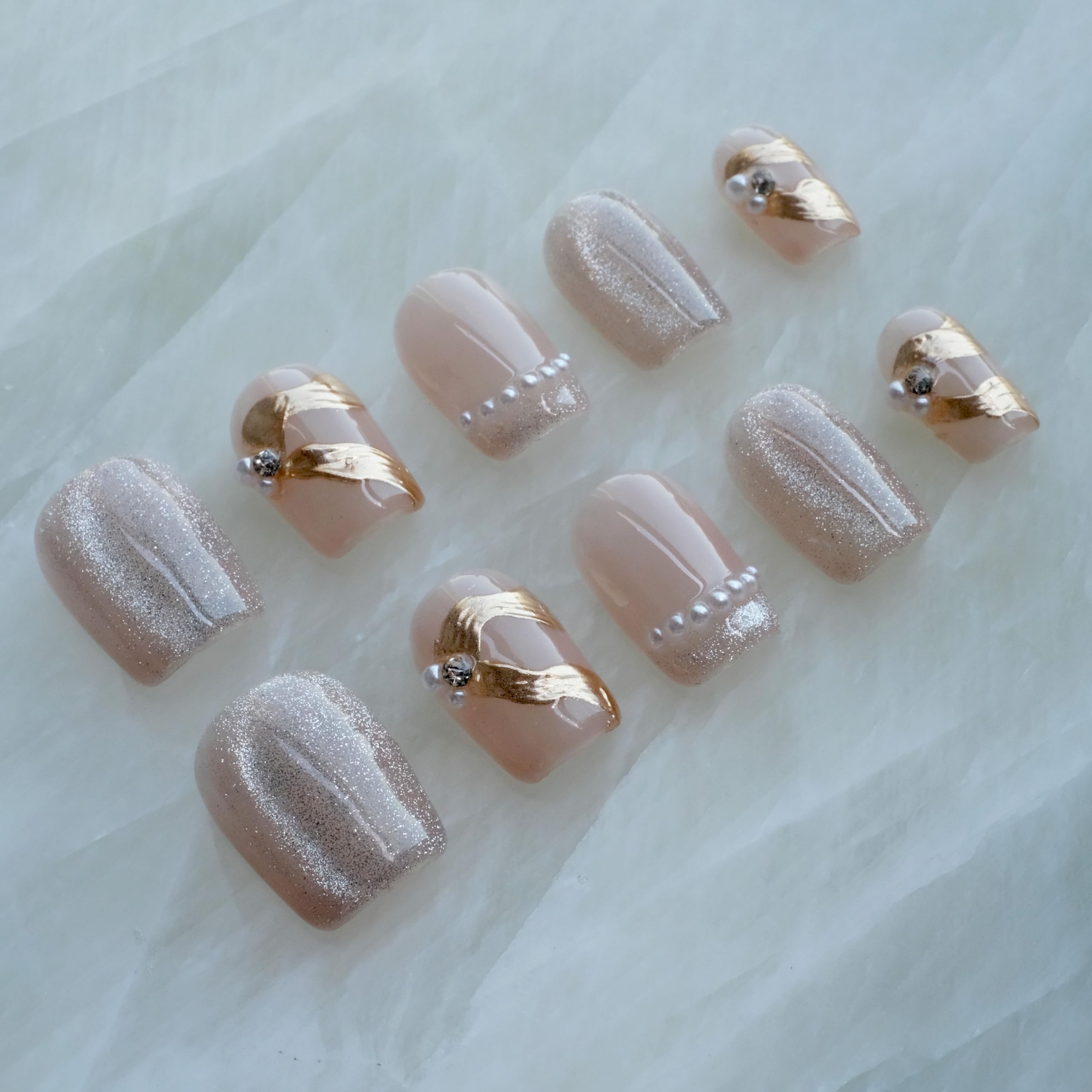 GLORS Purely Handmade Press On Nails – Elegant French Pink Pearl Gold Short Square 10 Pieces (SS)