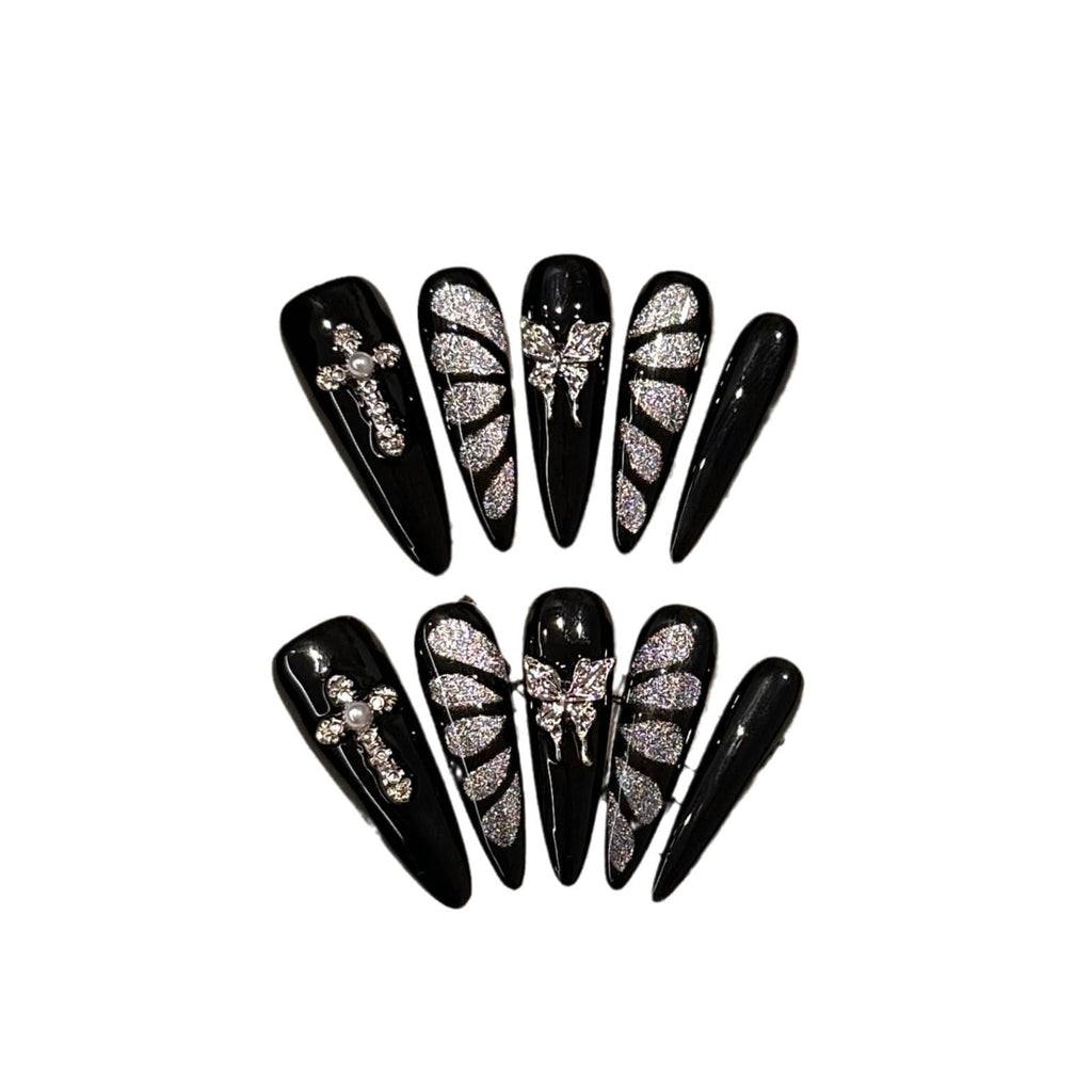 GLORS Black & Silver Butterfly Cat Eye Press-On Nails — Long Stiletto, Handmade Gothic Glamour (10 Pieces)