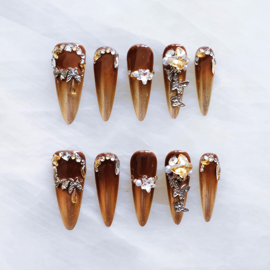 GLORS Luxury Long Stiletto Press-On Nails – Brown-Gold Ombre with 3D Rhinestones & Pearls (10 Pcs, Medium LS)
