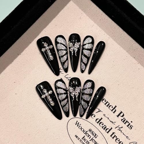 GLORS Black & Silver Butterfly Cat Eye Press-On Nails — Long Stiletto, Handmade Gothic Glamour (10 Pieces)