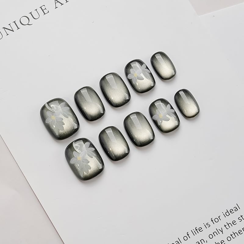 GLORS Handmade Short Square Press-On Nails – Cateye Black with Flower Design (10 Pieces, XS/SS)