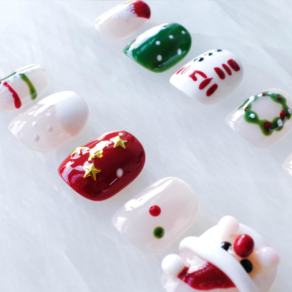 GLORS Christmas Press-On Nails – Short Square 3D Festive Design (Santa & Snowman) – 10 Pieces