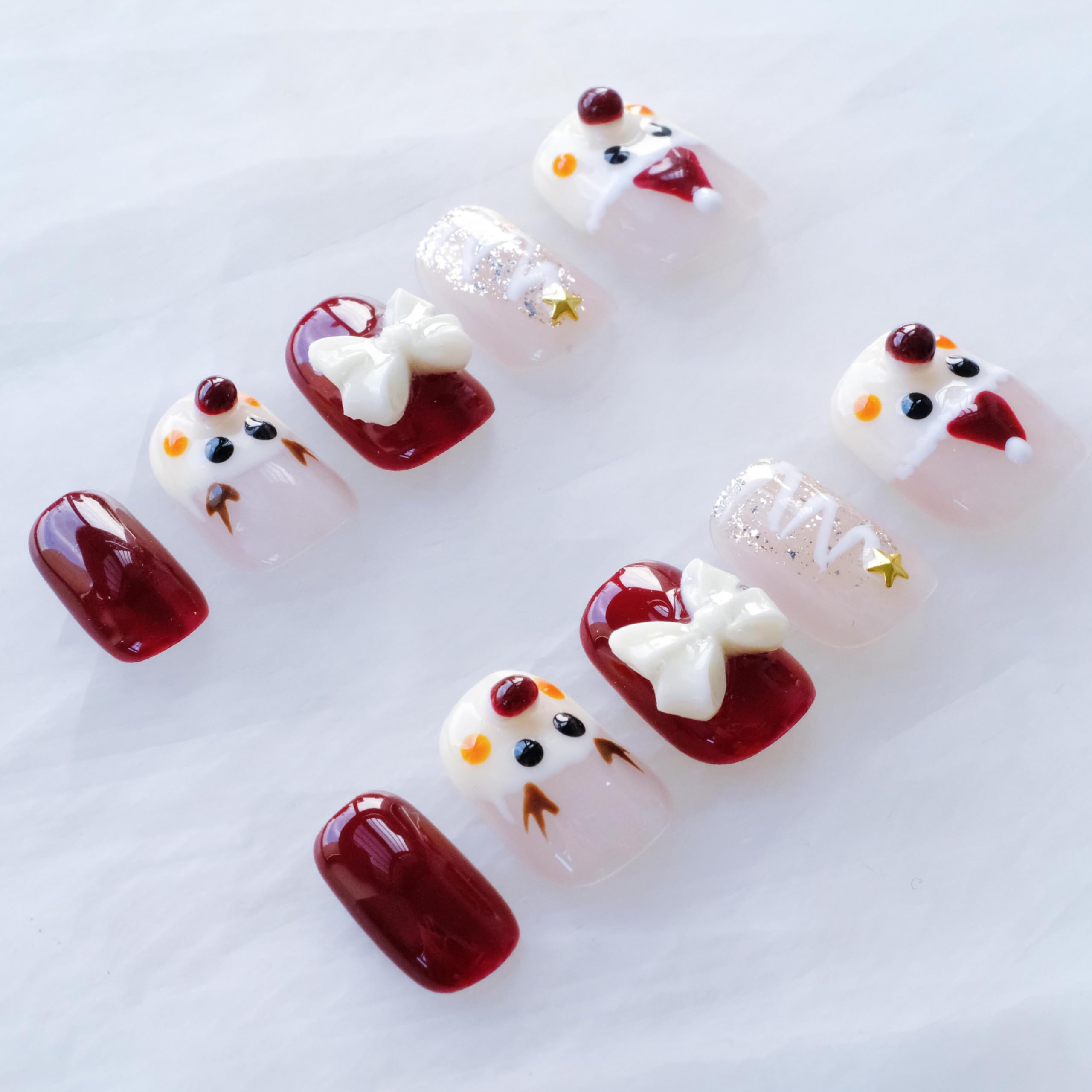 GLORS Christmas Press-on Nails - Short Square Festive Design with Reindeer & Bow, 10 Pieces (Large, SS)