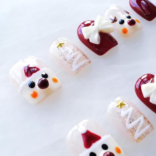 GLORS Christmas Press-On Nails – Short Square Festive Reindeer & Bow (10-Piece, SS)