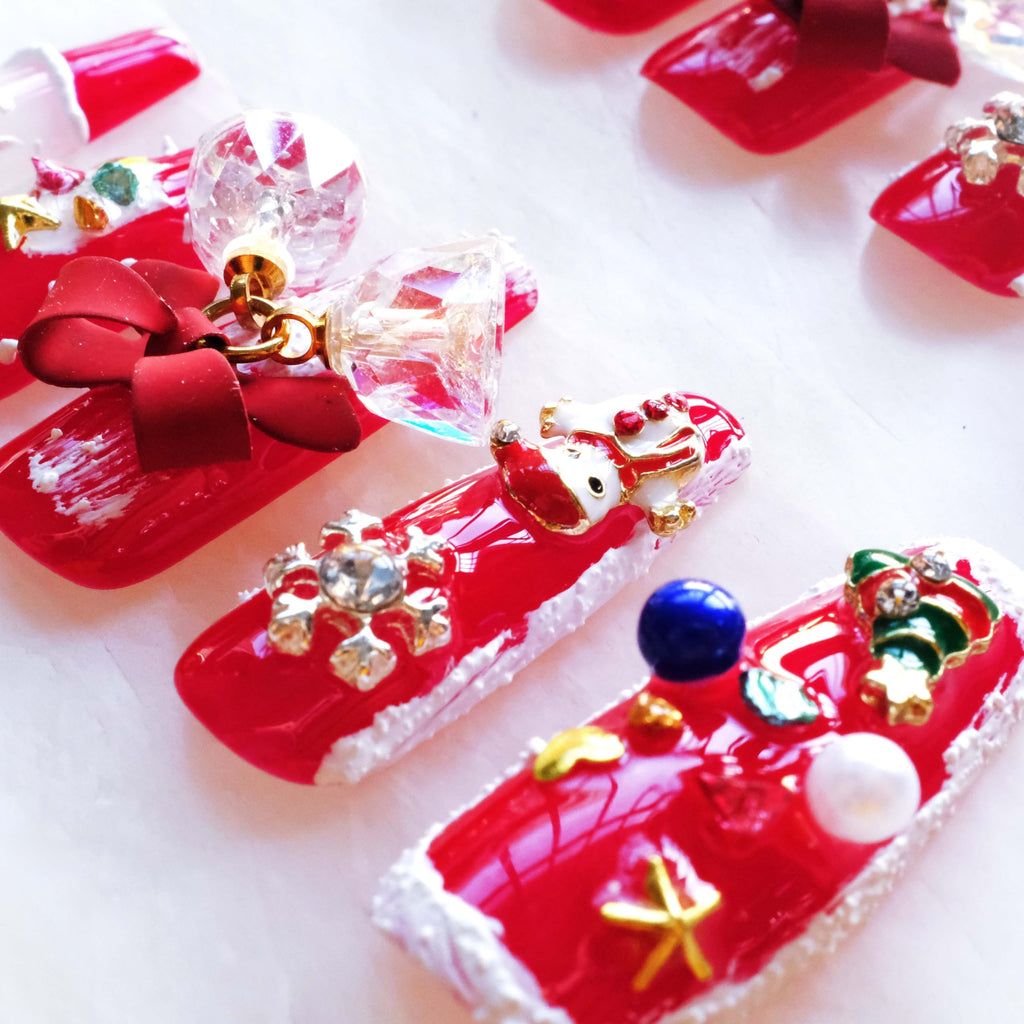 GLORS Christmas Press-On Nails – Long Ballerina Shape, Red & White Snowman Design, 10 Pcs (Small, LS)