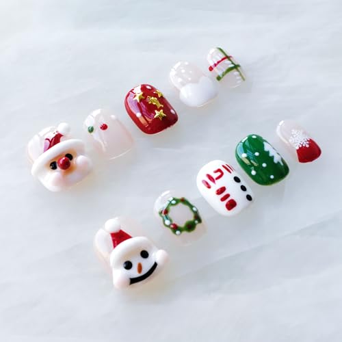 GLORS Christmas Press-On Nails – Short Square 3D Festive Set with Santa & Snowman (10 Pieces, XS/SS)