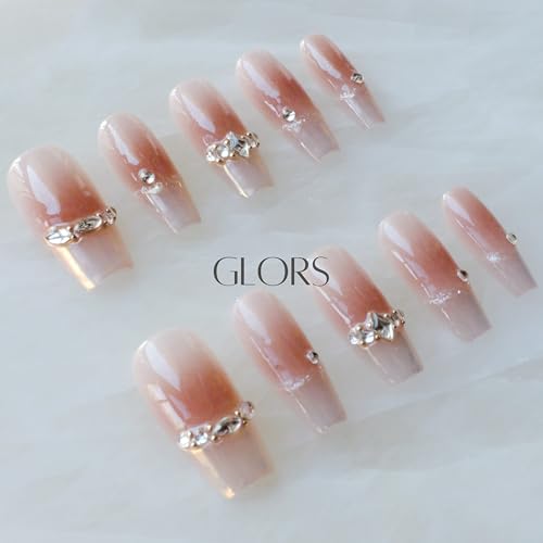 GLORS Long Ballerina Press-On Nails – Pink French with Rhinestones (Small LB)