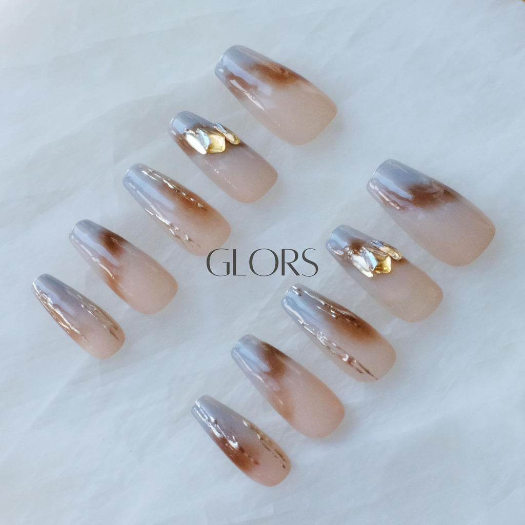 GLORS Ombre Press On Nails — Long Ballerina Nude to Gray with Gold Accent | 10-Piece Handcrafted Set