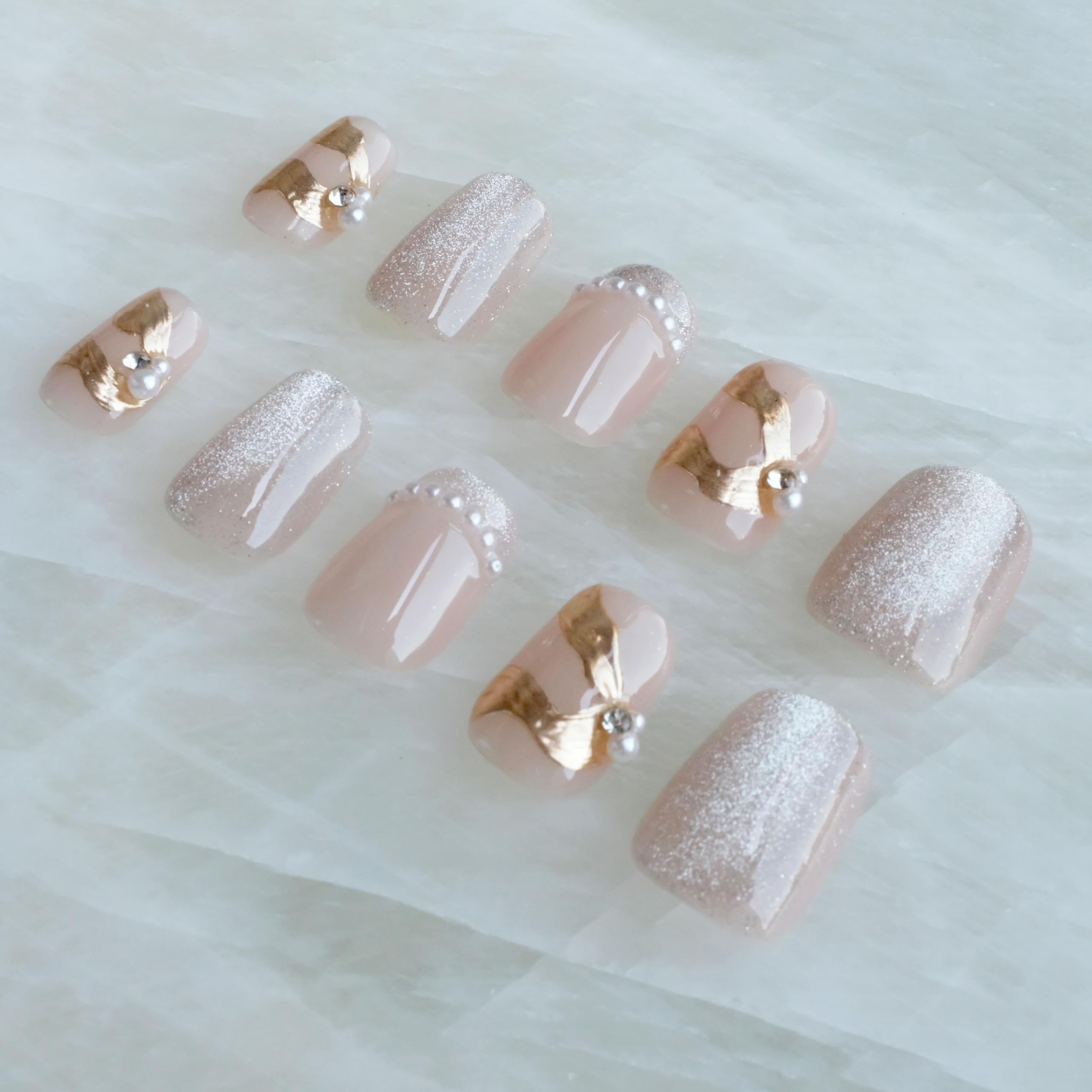 GLORS Purely Handmade Press On Nails – Elegant French Pink Pearl Gold Short Square 10 Pieces (SS)