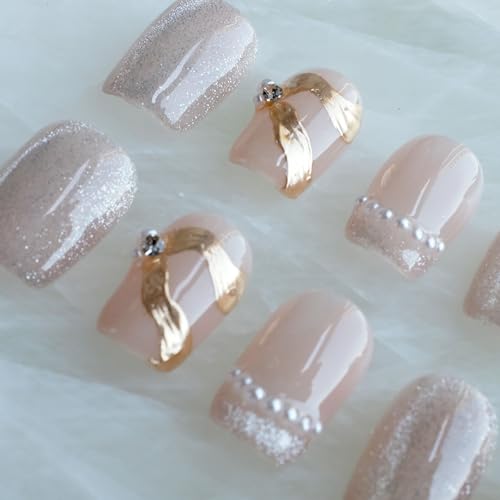 GLORS Purely Handmade Press On Nails – Elegant French Pink Pearl Gold, Short Square, 10 pcs (Medium SS)