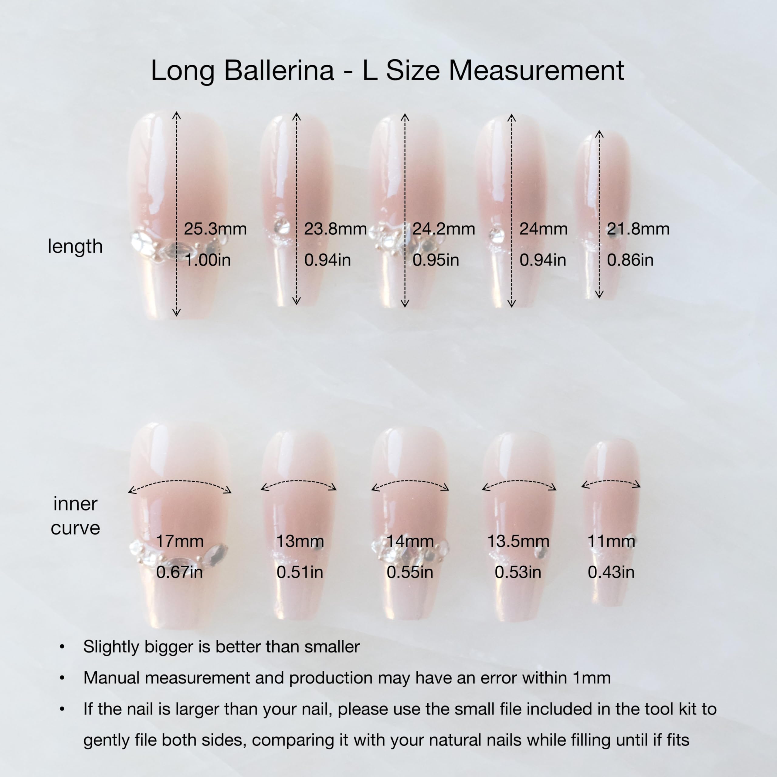 GLORS Long Ballerina Press-On Nails – Pink French Rhinestones, Coffin Shape (10 Pieces, Large)