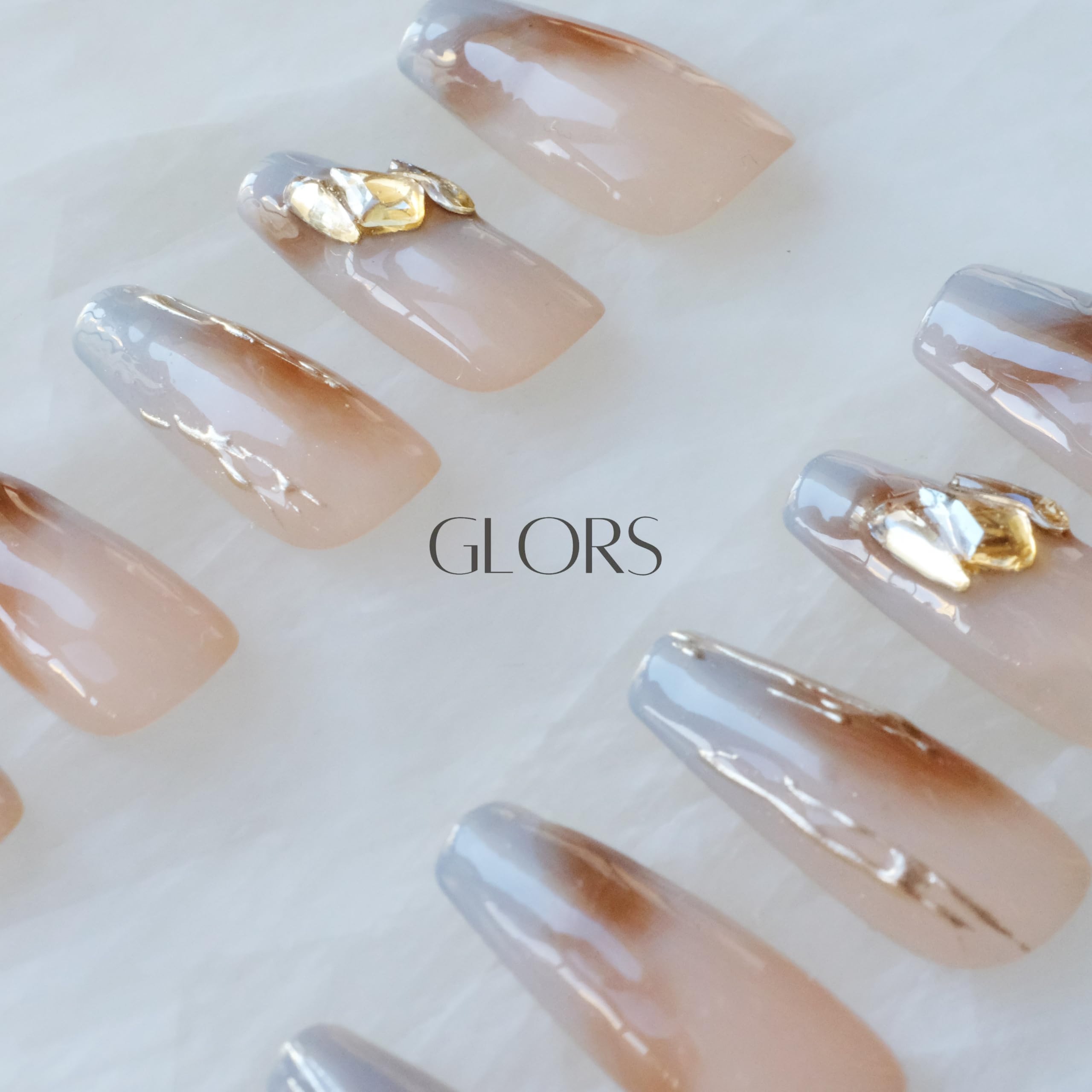 GLORS Ombre Press On Nails — Long Ballerina Nude to Gray with Gold Accent | 10-Piece Handcrafted Set