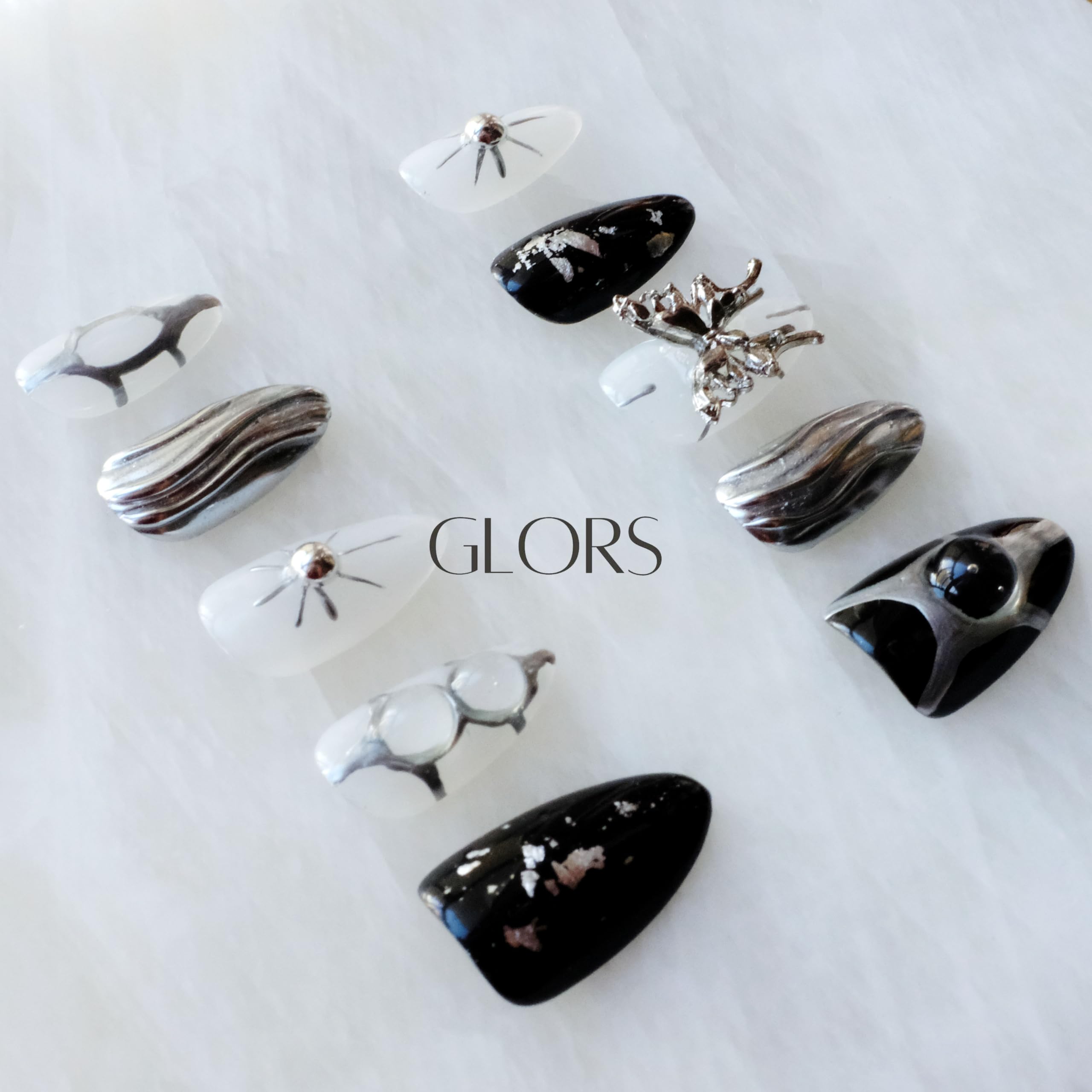 GLORS Gothic Long Almond Press-On Nails – Black & Silver with Butterfly Accent