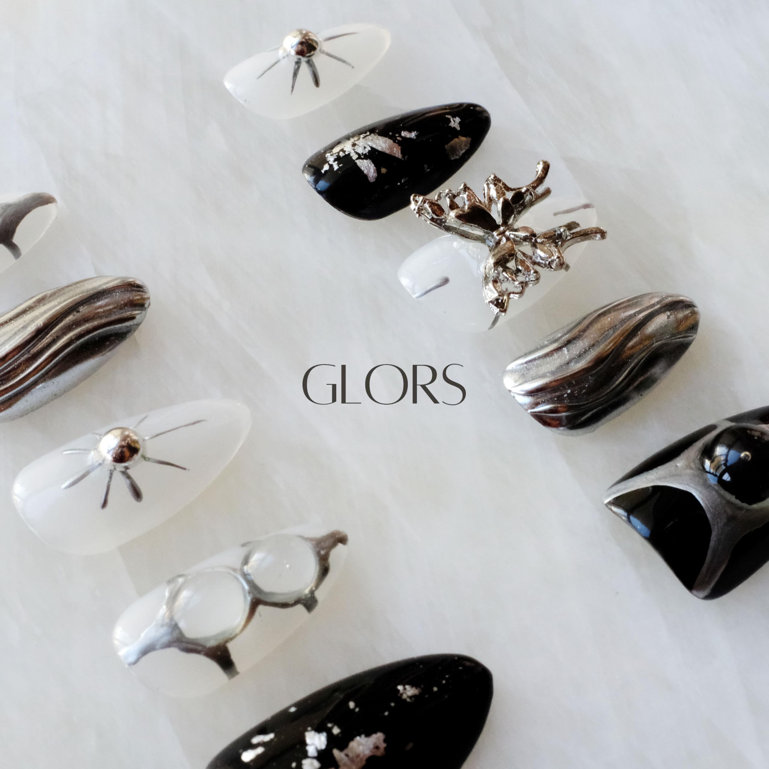 GLORS Gothic Long Almond Press-On Nails Set – Black & Silver Metallic with Butterfly Accent (10 Pieces)