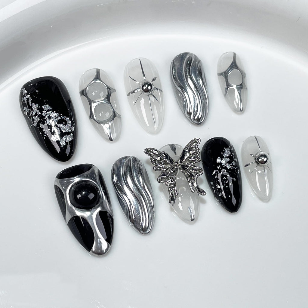 GLORS Gothic Long Almond Press-On Nails Set – Black & Silver Metallic with Butterfly Accent (10 Pieces)