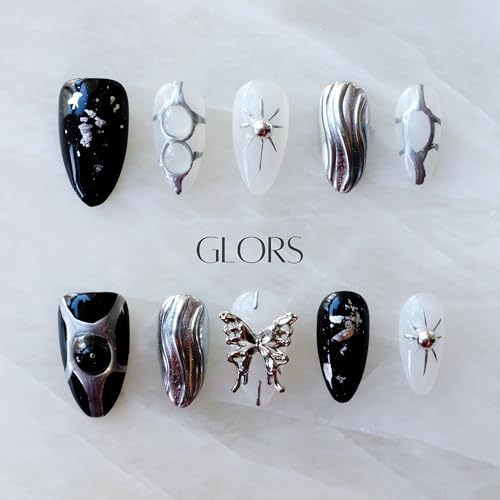 GLORS Gothic Long Almond Press-On Nails Set – Black & Silver Metallic with Butterfly Accent (10 Pieces)