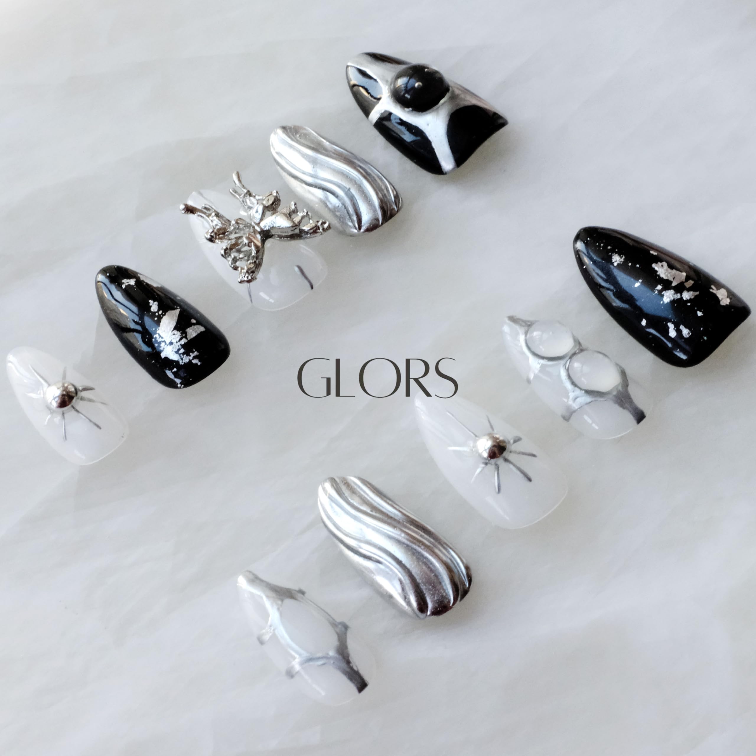 GLORS Gothic Long Almond Press-On Nails Set – Black & Silver Metallic with Butterfly Accent (10 Pieces)