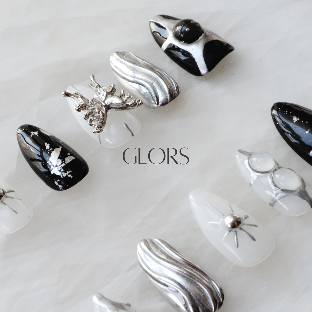 GLORS Gothic Long Almond Press-On Nails Set – Black & Silver Metallic with Butterfly Accent (10 Pieces)
