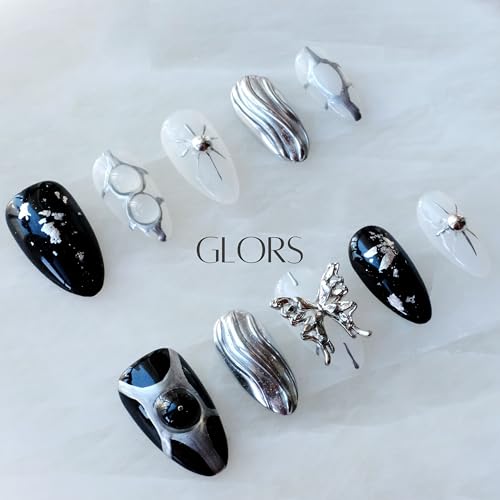 GLORS Gothic Long Almond Press-On Nails Set – Black & Silver Metallic with Butterfly Accent (10 Pieces)