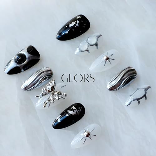 GLORS Gothic Long Almond Press-On Nails Set – Black & Silver Metallic with Butterfly Accent (10 Pieces)