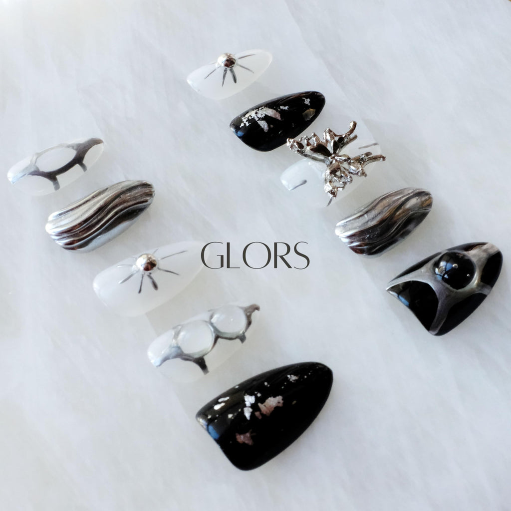GLORS Gothic Long Almond Press-On Nails Set – Black & Silver Metallic with Butterfly Accent (10 Pieces)