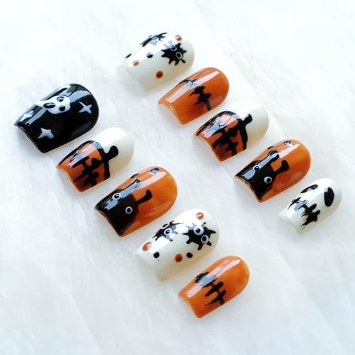 GLORS Halloween Press On Nails – 10-Piece Short Square Set in Orange & Black