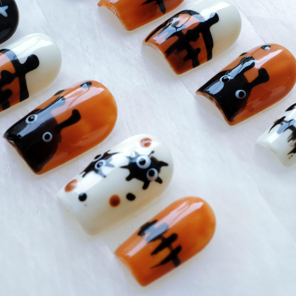 GLORS Halloween Press On Nails – Handmade Short Square False Nails (10P), Orange & Black Design