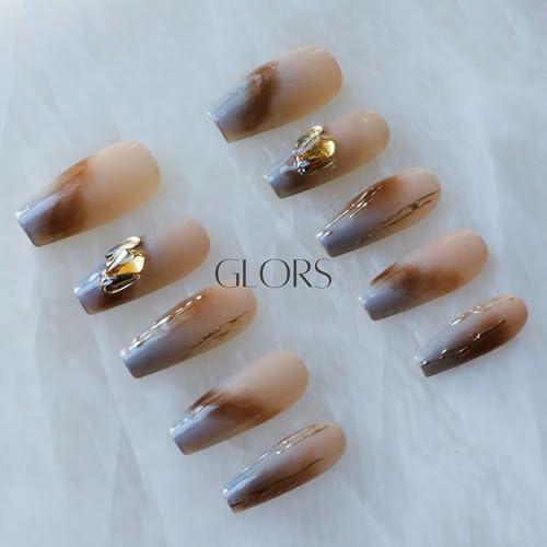 GLORS Ombre Press On Nails — Long Ballerina Nude to Gray with Gold Accent | 10-Piece Handcrafted Set