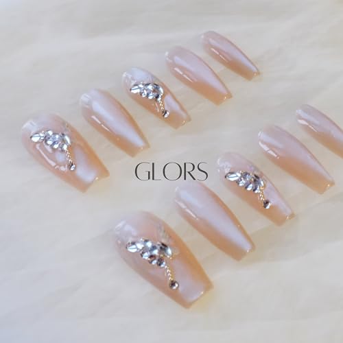 GLORS Press On Nails - Long Ballerina Coffin Nude Pink with Butterfly Rhinestones (10pc)