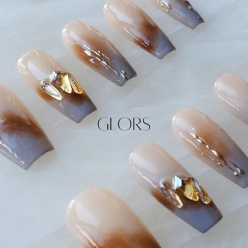 GLORS Ombre Press On Nails - Long Ballerina Nude to Gray with Gold Accent | 10-Piece Set (Small LB)