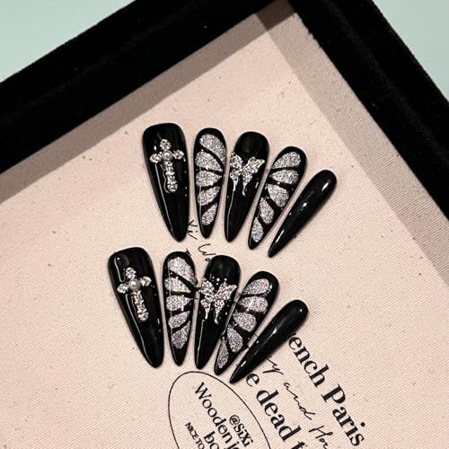 GLORS Black & Silver Butterfly Cat Eye Press-On Nails — Long Stiletto, Handmade Gothic Glamour (10 Pieces)