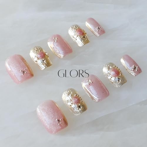 GLORS Purely Handmade Press On Nails | Pink- Purple Cat-Eye Buccilati | Short Square 10 Pieces