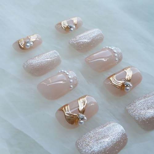 GLORS Purely Handmade Press On Nails – Elegant French Pink Pearl Gold Short Square 10 Pieces (SS)