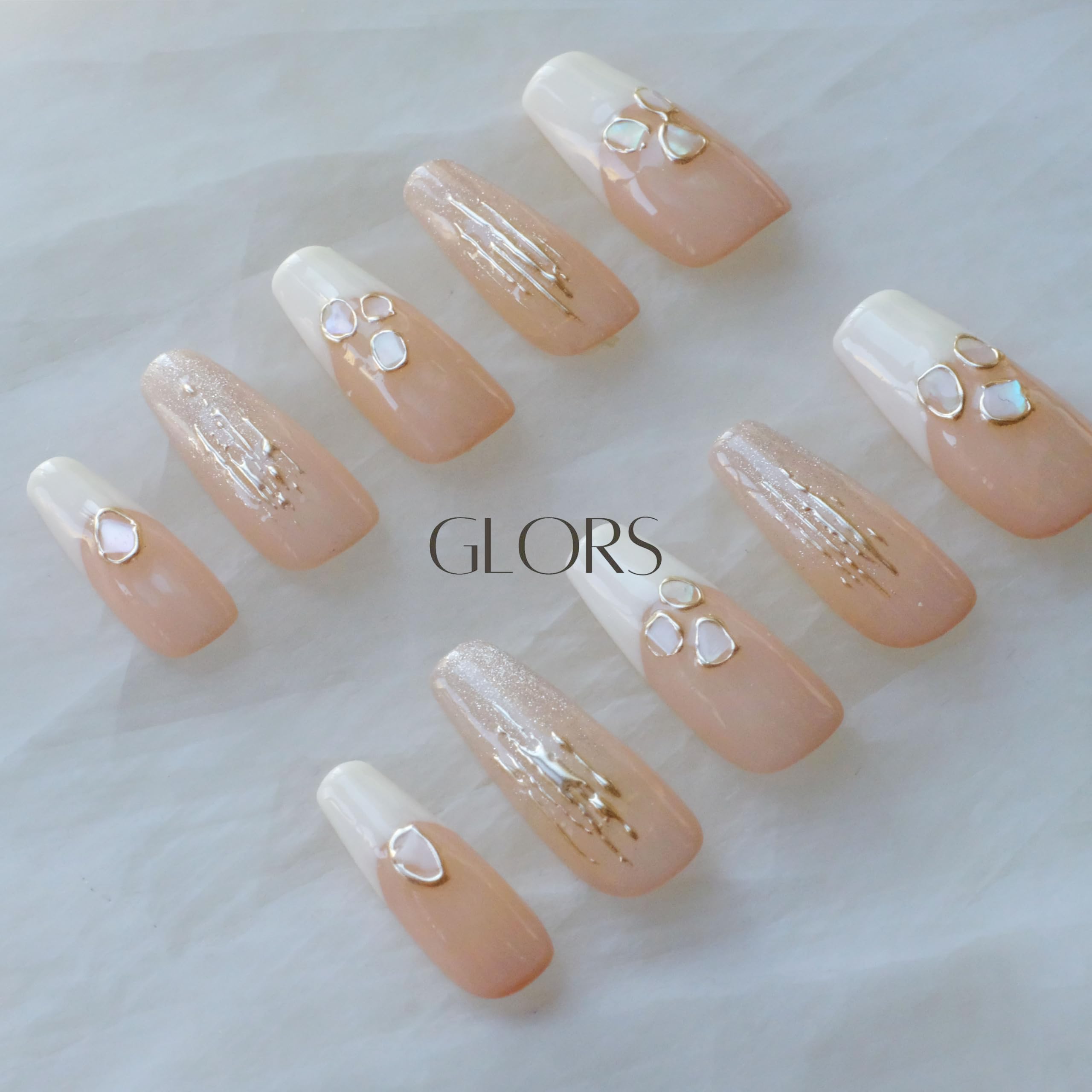 GLORS Handmade Press On Nails – Long Ballerina Shell Design, Pink & White Gradient, 10 Pieces (XS, LB)